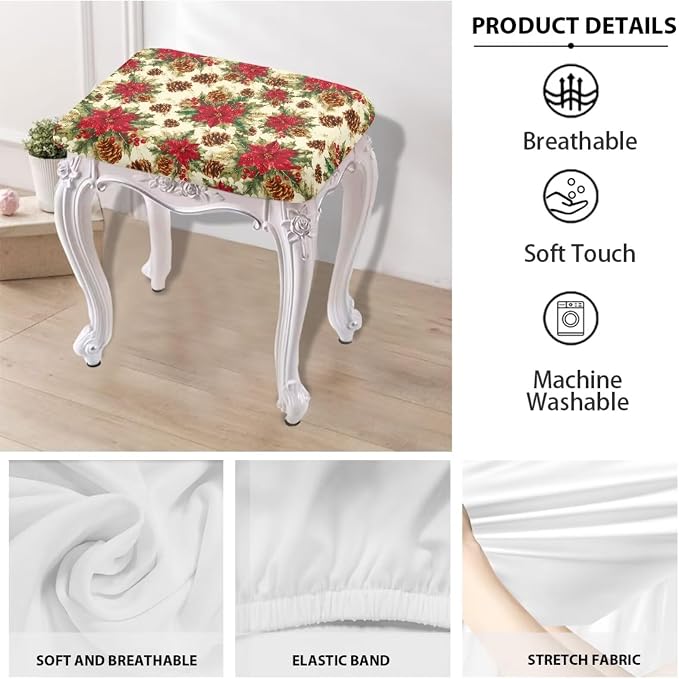 Christmas Flowers Bar Stool Seat Covers Holiday Festive Rectangle Bar Stool Cover 2 Pack Washable Removable Counter Stool Chair Covers for Kitchen Pub Dining Room