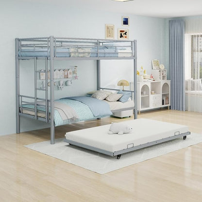 Metal Bunk Bed with Trundle, Space-Saving Bunk Bed Twin Over Twin with Ladders and Safety Guardrail, Heavy Duty Twin Bed Frames, No Box Spring Needed and Noise Free(Silver)