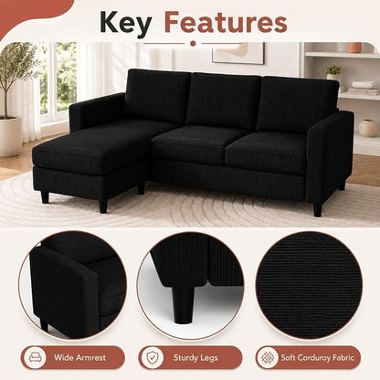 73.6" Convertible Sectional Sofa Couch with Reversible Ottoman, Modern 3-Seater L-Shaped Couch for Small Spaces, Compact Sofa for Studio Apartment, Living Room & Office, Easy Assembly (Black)