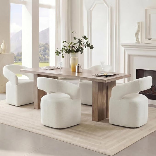 KISLOT Upholstered Dining Chairs Set of 4, Modern Arm Kitchen & Dining Room Chairs with Hidden Casters, Linen Fabric Padded Rolling Chairs, Sturdy Wood Frame, 300 lbs Capacity, Ivory White