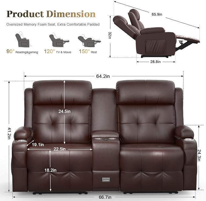 Reclining Loveseat, Massage Loveseat Recliner Sofa Heavy Weight Capacity, RV Love Seat Chair Clearance with Console, USB, Type C Port, Storage, Cup Holders, Wall Hugger Couch for Living Room