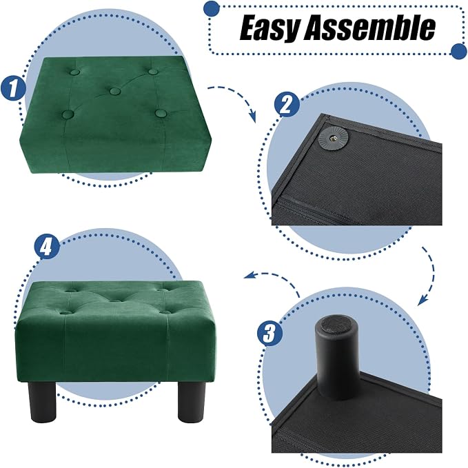 BRIAN & DANY Small Foot Stool, Velvet Foot Stools with Legs, Stable Small Footstool for Living Room, Green