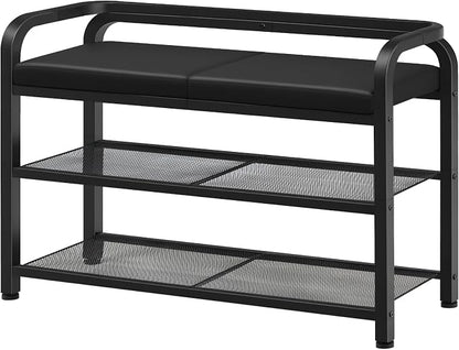 YATINEY Shoe Bench with Backrest, Entryway Bench, 2-Tier Shoe Rack with PU Padded Seat, Upholstered Shoe Storage Bench with Back, for Hallway, Entryway, Foyer, Bedroom, Black HX04BB