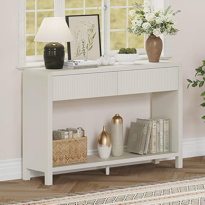 FATORRI Entryway Console Table with 2 Drawers, 47.2 inch Modern Sofa Table for Living Room, Couch Tables Behind Sofa and Hallway Tables with Storage, Antique White