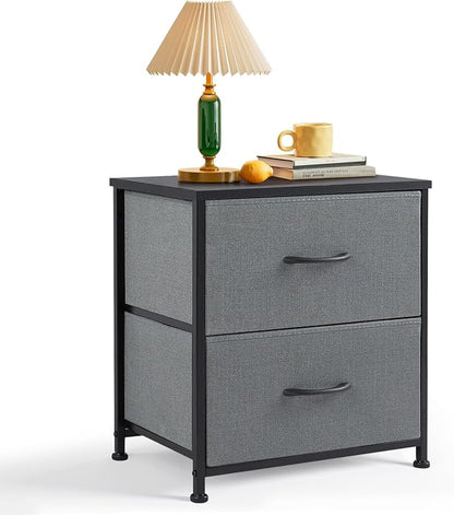 Nightstand, Small 2 Drawer Dresser End Table Bedside Furniture, Wooden Top Fabric Bins for Bedroom, Closet, Entryway, Dorm, 11.8" D x 18" W x 20", Gray