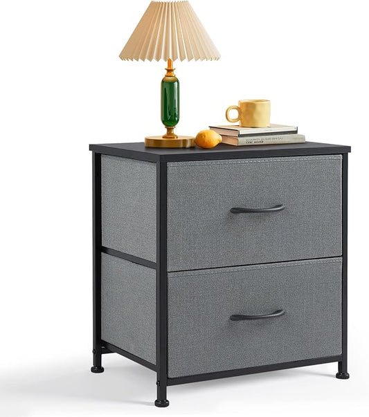 Nightstand, Small 2 Drawer Dresser End Table Bedside Furniture, Wooden Top Fabric Bins for Bedroom, Closet, Entryway, Dorm, 11.8" D x 18" W x 20", Gray