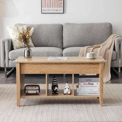 VINGLI Farmhouse Lift Top Coffee Table, Rustic Grey with Storage Shelf/Hidden Compartment, Mesa De Centro para Sala, Rustic Brown (Rattan Natural, 40" L)