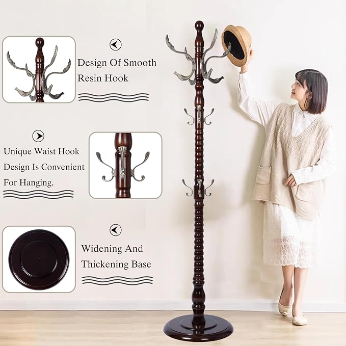 Wooden Coat Rack Freestanding, Hall Tree Hanger With Resin Hooks, Adjustable Heavy Duty Coat Rack for Hanging Clothes Bags Hats in Living Room Bedroom (coat rack, Round Base-Metal hook)