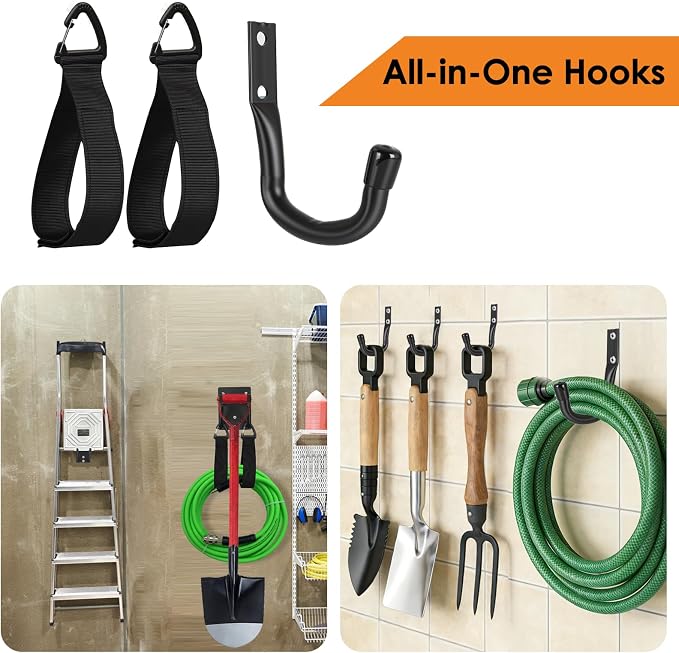 14" Garage Hooks Heavy Duty 4-Pack - Garage Storage System Hooks, Ladder Hooks for Garage Wall & Broom Holder Wall Mount | Non-Slip Tire Rack & Heavy Duty Wall Hooks for Hanging Ladders, Chairs.
