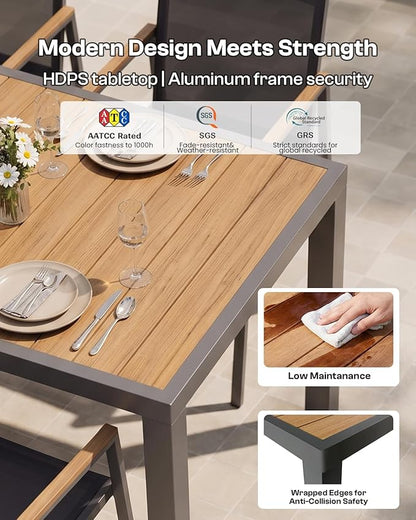 Outdoor Dining Table, Aluminum Patio Table Set, All Weather Patio Dining Furniture Set with Umbrella Hole for Backyard, Deck, Poolside (Gray-Teak)