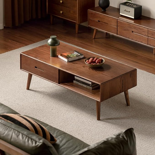 100% Solid Wood Coffee Table for Living Room, 47.24" W Oak Coffee Table with Storage Shelf and 2 Drawers, Mid-Century Modern Coffee Tables for Home (Oak Walnut Colour)