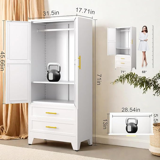 GAIOUS Metal Wardrobe Cabinet with Hanging Rod, Clothing Storage Cabinets | with 2 Door, 1 Adjustable Shelf and 2 Drawers, 71" Steel Armoire Wardrobe Closet for Bedroom, Gym, Cloak Room (White)