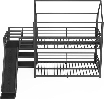 Harper & Bright Designs Metal House Bunk Bed with Slide and Roof, Twin Over Twin Floor Bunk Bed with Staircase and Full Length Guardrails, No Box Spring Required, Noise Free, Space Saving, Black