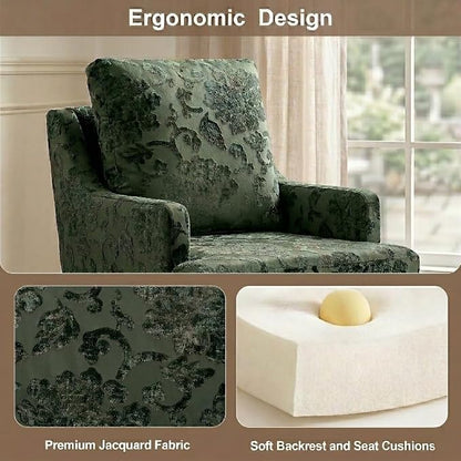 UVV Upholstered Dining Chairs, Modern Jacquard Kitchen Chair Dining Room Chair with 4 Casters, Linen Armchair for Bedroom Reading Room Living Room, Dark Green