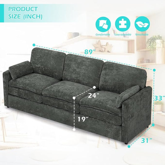 89” Chenille Sofa w/Arm Pillows, Upholstered 3-Seater Sofa w/Comfortable Back Cushions, Modern 3 Seats Couch w/High-Density Foam for Living Room, Apartment, Office, Grey