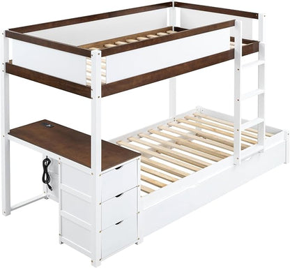 Ball & Cast Twin-Over-Twin Bunk Bed with Twin Size Trundle,Solid Wood Bedframe W/Desk & Drawers,USB,Space Saving,Easy Assembly,Multifunctional Bedroom Furniture Set for Boys Girls Teens,White+Walnut