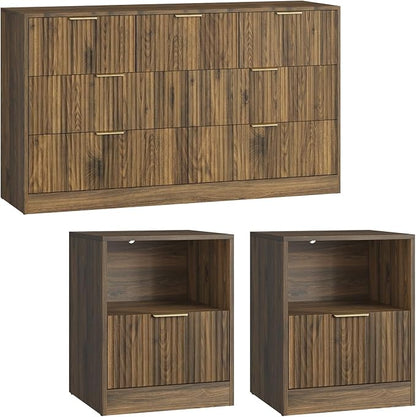 Fluted Dresser & Nightstand Set 3-Piece, 7 Drawer Dressers and Night Stand Set of 2 with Metal Handle, Fluted Mid Century Wood Chest of Drawers Storage Dressers Set for Bedroom, Walnut