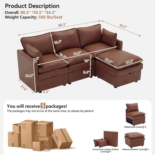 80" Brown Faux Leather Storage 3 Seater Sofa with Ottoman, Comfy Couch | Convertible Modular Sectional Sofa, L Shaped Oversized Couch, Upholstered Large Cloud Couch For Living Room, Apartment.
