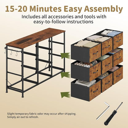 Dresser for Bedroom, Small Fabric Dressers for Kids Bedroom, 9 Drawers Dresser for Closet, Storage Organizer Chest of Drawers for Nursery, Dorm, Apartment, TV Stand, Wood Top, Side Hook (Rustic Brown)