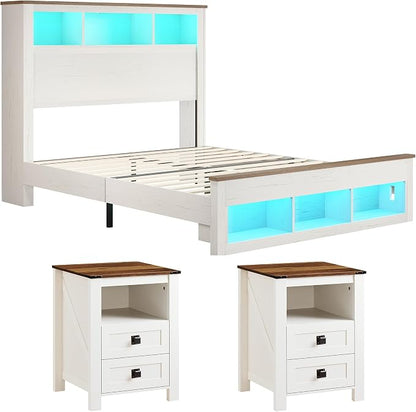 AMERLIFE 3-piece Farmhouse Bedroom Furniture Set, Includes 1 Queen LED Platform Bed Frame with Bookcase Storage Headboard & Charging Station, and 2 Nightstands with Drawers, Distressed White