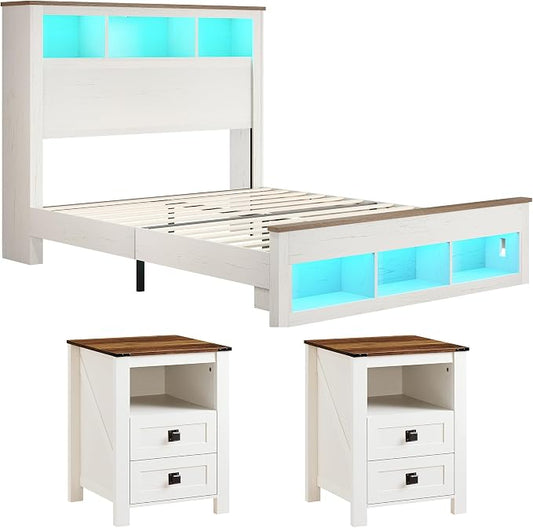 AMERLIFE 3-piece Farmhouse Bedroom Furniture Set, Includes 1 Queen LED Platform Bed Frame with Bookcase Storage Headboard & Charging Station, and 2 Nightstands with Drawers, Distressed White
