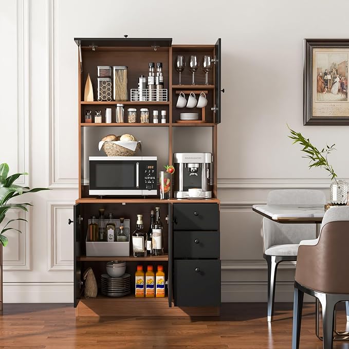 Giantex Kitchen Pantry, Buffet Hutch with 3 Storage Cabinet, 71'' Floor Large Cupboard with 3 Deep Drawers, Wide Countertop, Adjustable Shelves, Tall Sideboard (Walnut & Black)