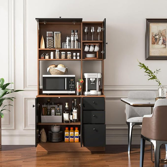Giantex Kitchen Pantry, Buffet Hutch with 3 Storage Cabinet, 71'' Floor Large Cupboard with 3 Deep Drawers, Wide Countertop, Adjustable Shelves, Tall Sideboard (Walnut & Black)