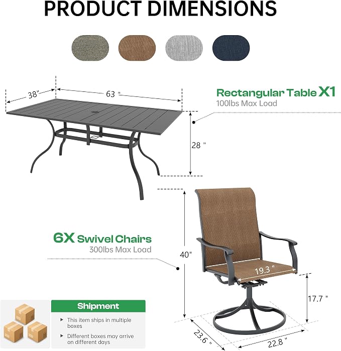 7-Piece Outdoor Dining Set with Umbrella Hole,Patio Swivel Chairs Set and 63"x 38"x 28" Outdoor Patio Table for 6,Modern Garden Dining Set for Poolside Seaside Backyard