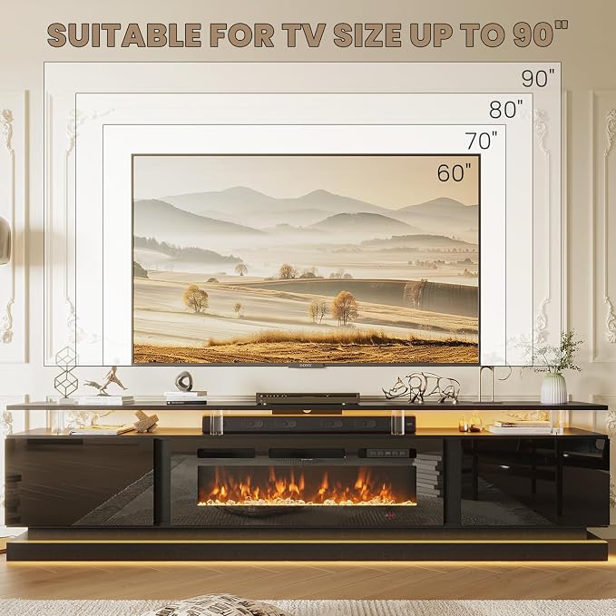 80" Fireplace TV Stand, Modern Entertainment Center for TVs Up to 90", TV Console with Storage Cabinets, Media Console for Living Room, WI-FI Enabled Black TV Stand and Black Fireplace