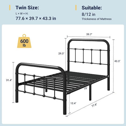 Allewie Twin Size Metal Platform Bed Frame with Victorian Style Wrought Iron-Art Headboard/Footboard, No Box Spring Required, Black