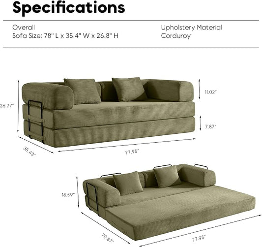 ZEIINPA Convertible Folding Couch Bed, Comfy Corduroy Sleeper Floor Sofa Bed with Fixed-Shape Frame, Floor Sofa with Armrest, Lounge Couch for Living Room Bedroom Lounge Studio, Green