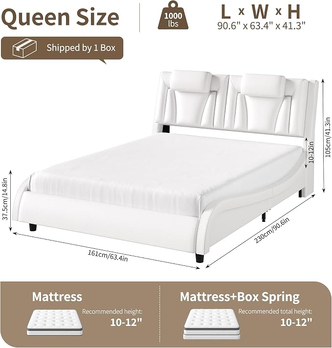 Keyluv Queen Size LED Bed Frame with Adjustable Headboard & Wave-Like Curve Safety Design, PU Leather Upholstered Platform Bed, Solid Wooden Slats Support, Easy Assembly, White