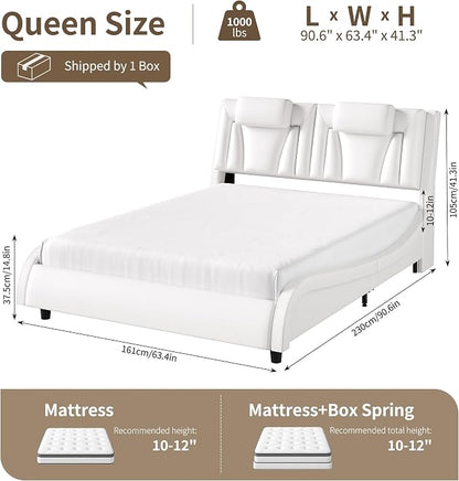 Keyluv Queen Size LED Bed Frame with Adjustable Headboard & Wave-Like Curve Safety Design, PU Leather Upholstered Platform Bed, Solid Wooden Slats Support, Easy Assembly, White