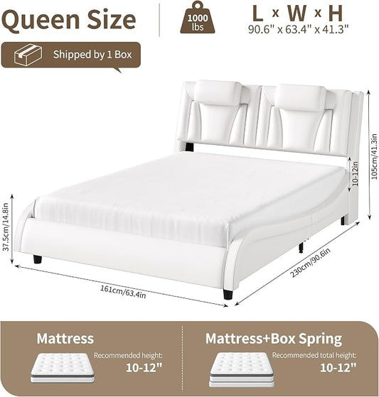 Keyluv Queen Size LED Bed Frame with Adjustable Headboard & Wave-Like Curve Safety Design, PU Leather Upholstered Platform Bed, Solid Wooden Slats Support, Easy Assembly, White