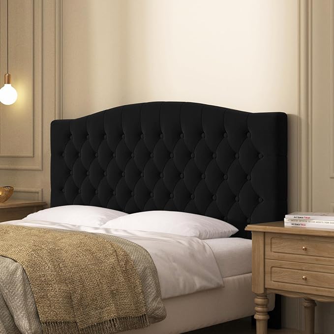 Furpopup Velvet Upholstered Headboard Queen/Full Size Latest Model Wall Mount, Bed Frame Mount, Featuring High-Density Sponge Padding, Luxury Texture Easy Assembly Comfort and Style-Black