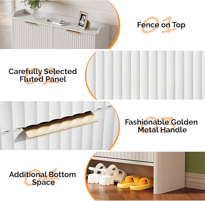 VINGLI 43.5" Large White Shoe Cabinet with 4 Flip Drawers, Slim Fluted Shoe Storage Cabinet with Unique Arched Side Panels, Modern Entryway Organizer with Gold Handles, Wide Shoe Rack for Hallway