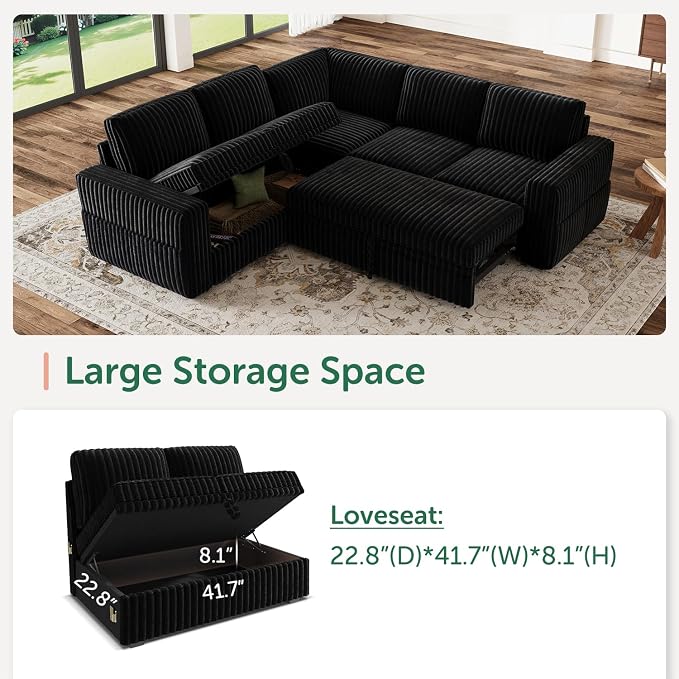 HONBAY Modular Sectional Sleeper Sofa with Pull Out Bed,Corduroy L Shaped Couch with Storage, Sectional Couches for Living Room,Black