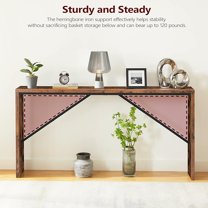 MAHANCRIS Console Table, 62.2" Long Sofa Table Behind Couch, Narrow Entryway Table, Farmhouse Dining Table with Angled Metal Frame, Industrial Console Table for Entryway, Rustic Brown CTHR15801Z