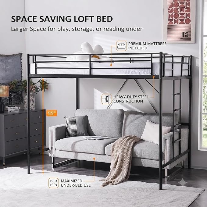 VINGLI Loft Bed Full Size with Flat Rungs for Adults, Kids and Young Teens, No Box Spring Needed,Heavy Duty Metal Slat Support,Black