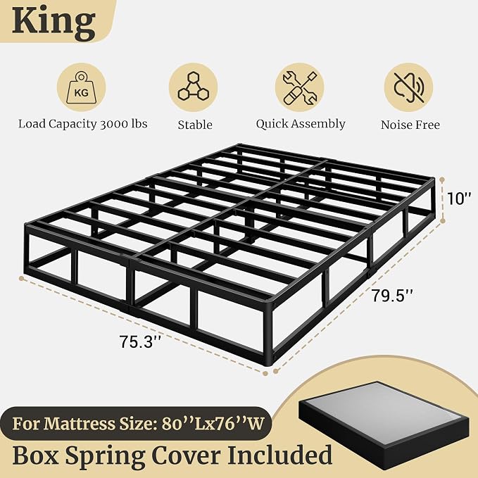 Awesofurni King Box Spring, 10 Inch High Profile King Size Box Spring Only, 3000 lbs Heavy Duty Metal Frame Mattress Foundation with Fabric Cover, Easy Assembly-Noise Free