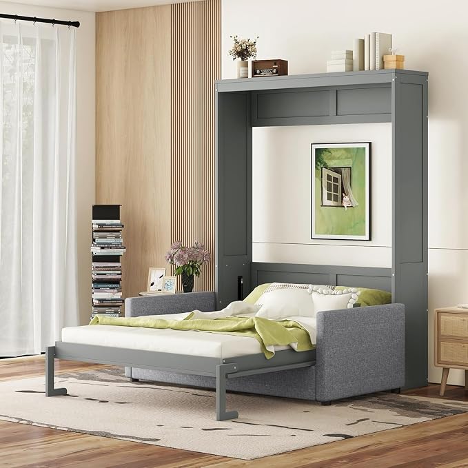 MERITLINE Queen Murphy Bed with Couch,Wood Murphy Bed Cabinet with Sofa,Folding Murphy Wall Bed Queen Size Grey Murphy Bed Cabinet