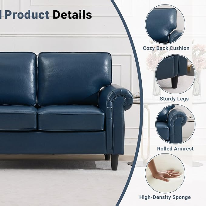 Kingfun Loveseat 2 Seater Couch, Mid Century Modern Faux Leather Sofa with Rolled Arms and Deep Seats, Fluffy Comfort for Living Room, Apartment, Easy Assembly, Blue