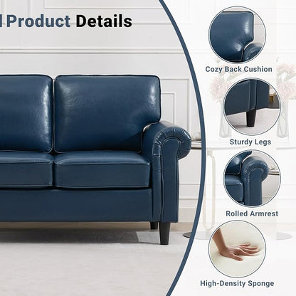 Kingfun Loveseat 2 Seater Couch, Mid Century Modern Faux Leather Sofa with Rolled Arms and Deep Seats, Fluffy Comfort for Living Room, Apartment, Easy Assembly, Blue