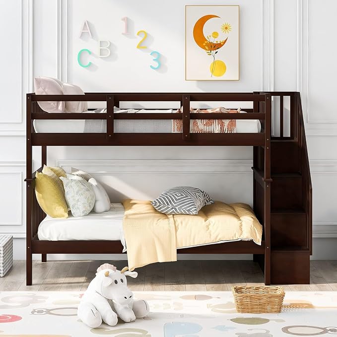 MERITLINE Twin Over Twin Bunk Bed with Storage Staircase, Solid Wood Stairway Convertible Bunk Bed with Stairs (Twin Over Twin,Espresso)