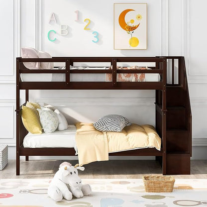 MERITLINE Twin Over Twin Bunk Bed with Storage Staircase, Solid Wood Stairway Convertible Bunk Bed with Stairs (Twin Over Twin,Espresso)
