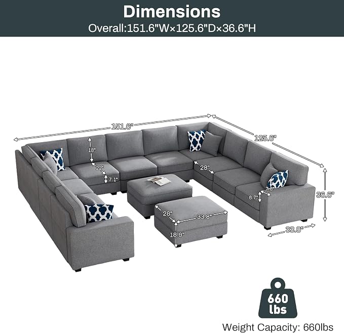 Legend Vansen Oversized Modular Sectional Sofa,U/L‑Shaped Reversible Couch with Ottoman,Deep Seat Plush Polyester Sofa for Living Room,13‑Seater,Dark Grey
