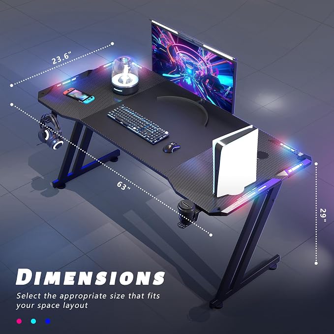 HLDIRECT 63 Inch Gaming Desk with LED Lights, Large RGB Computer Gaming Desk Table with Cup Holder Headphone Hook Mouse Pad, Ergonomic Modern Carbon Fiber Mesa Gamer Pc Work Home Office Desks, Black