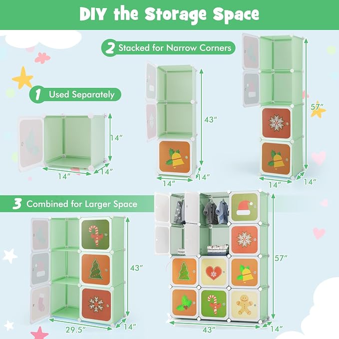 HONEY JOY Kids Wardrobe Closet, Baby Cartoon Clothes Storage Organizer, 12 Cubes & 2 Hanging Sections, Portable Children DIY Modular Bedroom Armoire Dresser Cabinet for Boys Girls (Green)