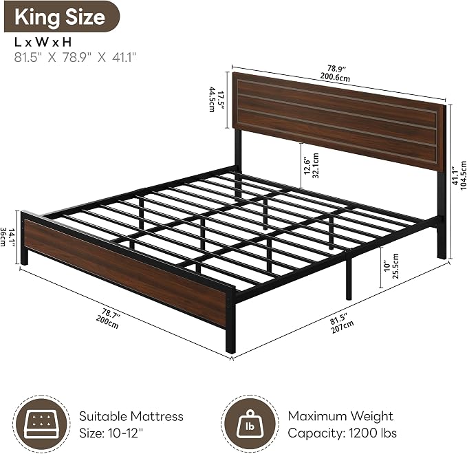 LIKIMIO King Bed Frame and Headboard, Mid-Century Modern King Platform Bed, Heavy Duty Silent Metal Slats, No Box Spring Needed, Noise-Free, Dark Walnut