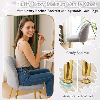 VINGLI Fluffy Girls Vanity Chair with Back & Pillow,Cute Small Cozy Desk Chair No Wheels,Comfy Makeup Ch with Ajustable Gold Legs,for Bedroom,Living Room,Small Space,Grey
